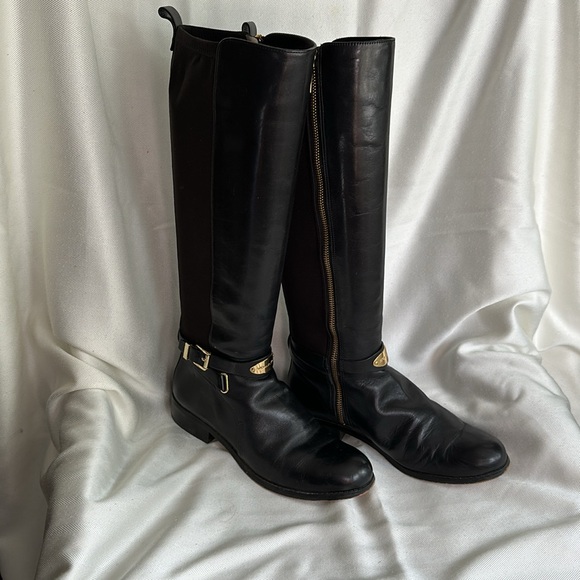Michael Kors Black Leather Arley Stretch Boots with Gold Hardware - Picture 2 of 13